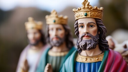 Obraz premium Three Wise Men statues standing proudly in front of a nativity scene