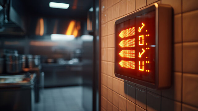 A digital kitchen timer counting down with glowing arrows, symbolizing time-sensitive agility and rapid adjustments in restaurant kitchens. 