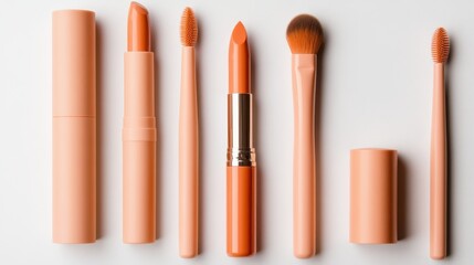 Flat Lay of Makeup Tools and Lipsticks in Soft Orange