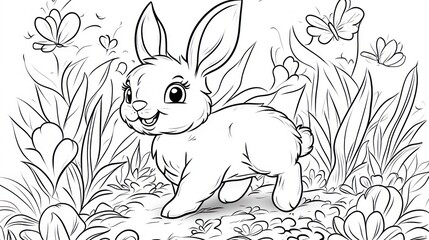Obraz premium A Cute Bunny Rabbit in a Field of Flowers and Butterflies. Coloring book illustration.