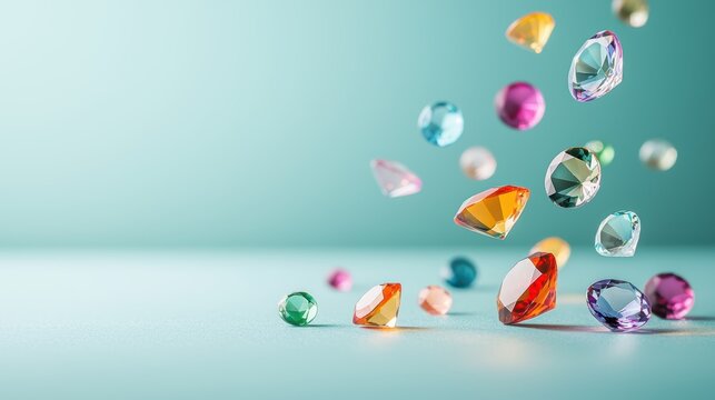 A collection of various gemstones scattered across a reflective surface, each gem radiating vibrant colors and captivating brilliance.