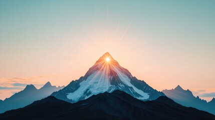 A majestic mountain peak bathed in the warm glow of the setting sun, the sun rays creating a starburst effect behind the silhouetted peak.
