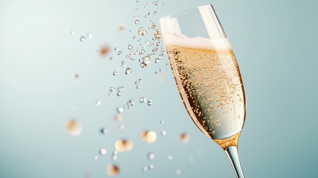 A champagne flute filled with bubbly, the rising bubbles reflecting light and creating a stream of sparkling effervescence against the golden liquid.
