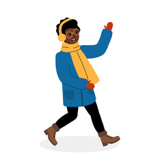A joyful person walks cheerfully in winter attire while waving in a snowy environment