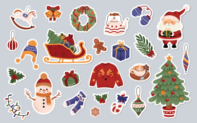 Christmas sticker collection. Cute set of winter and New Year elements. Christmas tree, Santa, snowman, sleigh, gifts, and holiday decorations. Colorful vector illustrations on a grey background