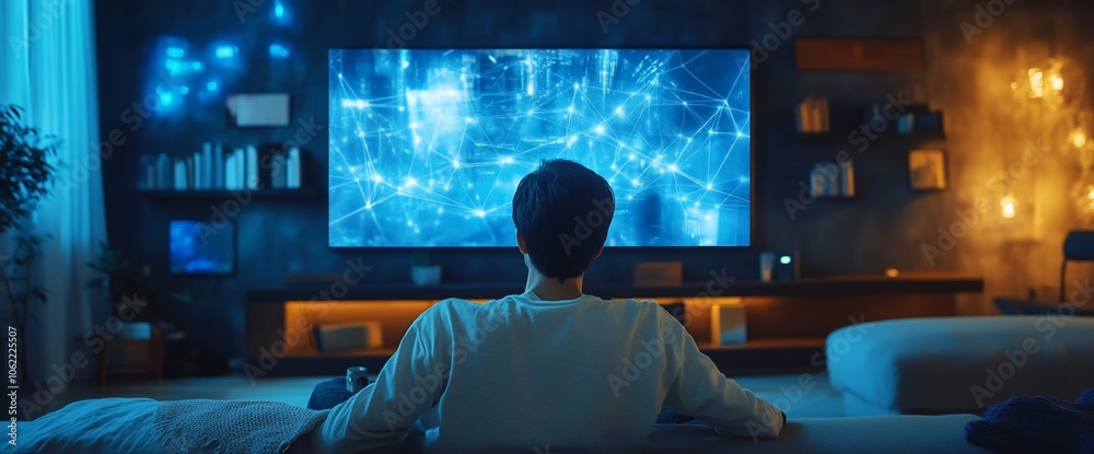 Aufkleber a young man sits on a couch watching a large screen tv with a digital interface.