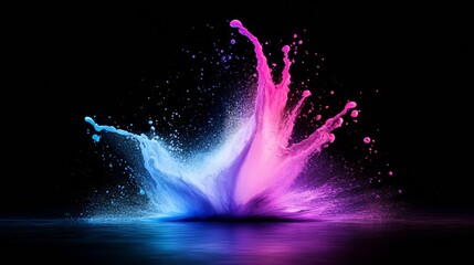 Purple and blue neon sand splash on black background