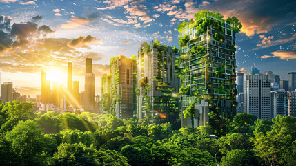 Naklejka premium A vibrant city skyline featuring modern skyscrapers with vertical gardens, blending urban architecture with lush greenery at sunrise