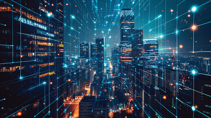 A vibrant cityscape at night illuminated by digital grid lines, representing technology, connectivity, and smart city innovations in a futuristic metropolis