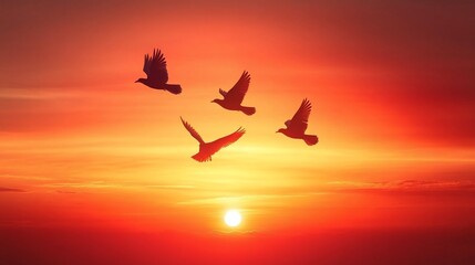 Silhouettes of four birds flying in a vibrant orange sunset sky.
