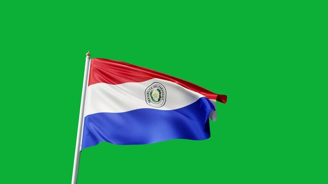 flag of Paraguay on a green screen, no background, transparent background, waving in the wind, national symbol of Paraguay, country in south america, tall flagpole, video of a flag	