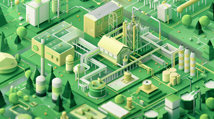 Detailed isometric illustration of an industrial complex featuring interconnected pipes, storage tanks, and machinery, set in a green landscape