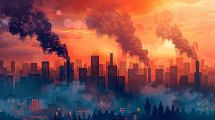 Fototapeta premium Dramatic illustration of a city skyline emitting thick black smoke, highlighting urban pollution against a vivid orange sunset backdrop