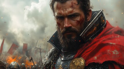 Naklejka premium A fantasy male warrior stands confidently on a battlefield, wearing majestic armor that represents strength. The background shows a rugged battlefield with traces of smoke and scattered weapons.