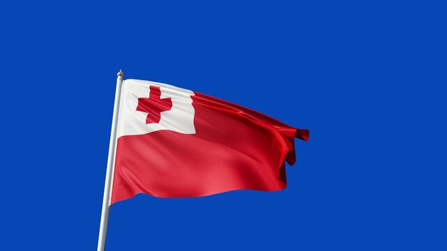 flag of tonga on a blue screen, no background, transparent background, waving in the wind, national symbol of tonga, country in oceania, tall flagpole, video of a flag	