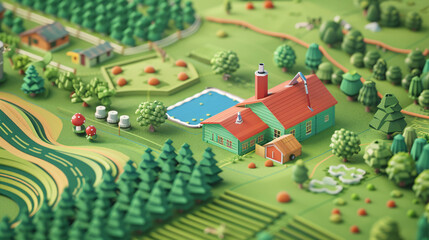 Whimsical 3D illustration of a rural landscape featuring a farm, trees, pond, and winding road in vibrant miniature style