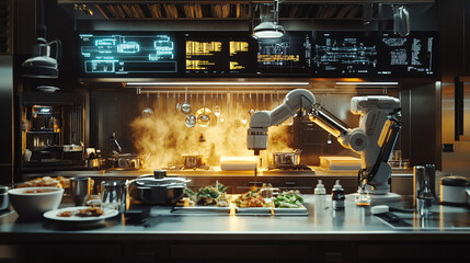 A dynamic kitchen environment with floating digital timers, robotic arms preparing dishes, and data overlays showing fast-paced decision-making in food production. 