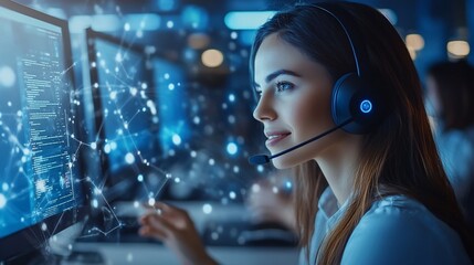 A young woman wearing a headset looks at a computer screen with a digital network overlay while working in a call center.