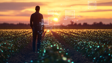 A farmer standing in a glowing field of crops, with digital data screens floating around, representing agile decision-making based on real-time agricultural analytics. 