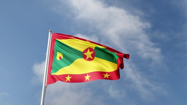 Flag of Grenada on a blue sky, flag on a flag pole waving in the wind, country in north america, national symbol of Grenada, video of a flag