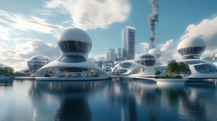Future Nuclear City futuristic cityscape powered by compact nuclear reactors, clean energy utopia, floating buildings, nuclear power