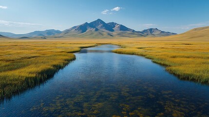 Obraz premium Prehistoric marshlands dotted unique plant species adapting fluctuating water levels and climate extremes during the Younger Dryas era