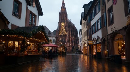 Traditional Christmas market Stalls with sweets, mulled wine, Christmas decorations and gifts decorated with garlands and lights.