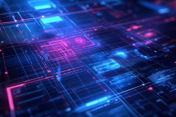 Obraz premium vibrant digital circuit board with glowing blue and pink neon lights forming an intricate futuristic technological pattern 