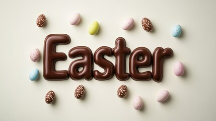 Fototapeta premium Chocolate Easter lettering with melting effect and small pastel eggs scattered around isolated on a light beige background sweet holiday vibe 