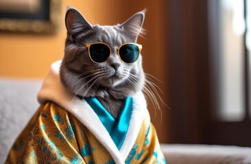 Funny gray cat in a gold robe and sunglasses. A funny concept for the hotel business. An advertisement for a travel agency or a spa, grooming salon. A traveling cat lives in a hotel.