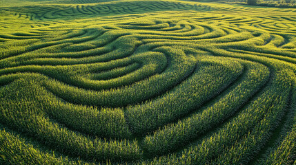 A field of crops growing in patterns shaped by digital lines, symbolizing precision farming and agile responses to market fluctuations and environmental factors. 