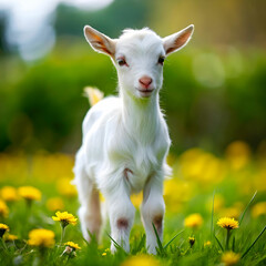 Obraz premium white baby goat standing on green grass with yello