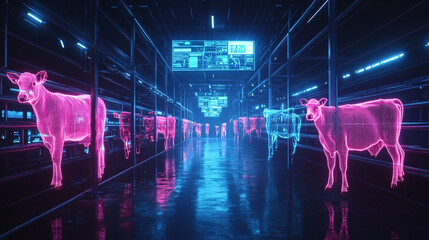 A futuristic barn surrounded by floating holograms of livestock health metrics, showcasing how digital tools enhance adaptability and efficiency in animal farming. 