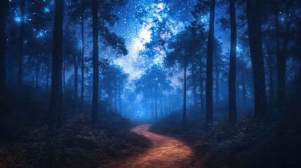 Obraz premium Enchanting nocturnal forest scene with winding path under starry sky, creating serene and magical atmosphere. trees are silhouetted against shimmering stars