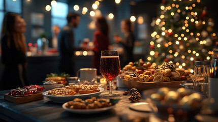 Christmas holiday party with people gathered around a decorated table with festive snacks, drinks, and Christmas tree