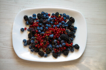 Fresh black currants, blueberries, and blackberries artfully arranged in a white plate, highlighting their vibrant colors and natural beauty.