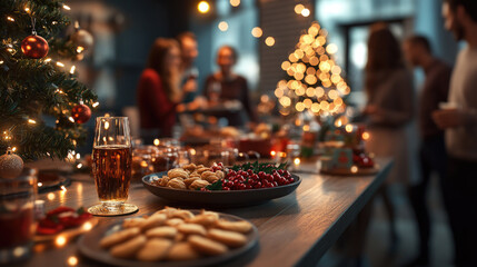 Christmas holiday party with people gathered around a decorated table with festive snacks, drinks, and Christmas tree
