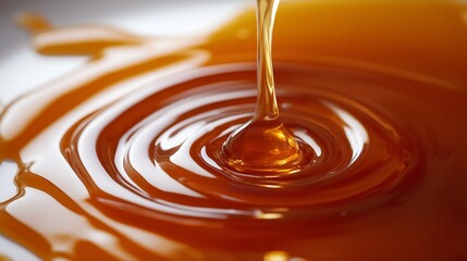 Close-up of melted salted caramel creating ripples on a clean white plate, showcasing golden hues and a smooth texture