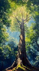 Fototapeta premium In the center of the frame is a sycamore tree with sunlight shining through its branches.