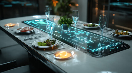 A futuristic dining table with holographic menu displays, arrows representing fast adaptation to customer preferences and data-driven food customization. 
