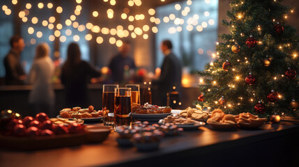 Christmas holiday party with people gathered around a decorated table with festive snacks, drinks, and Christmas tree