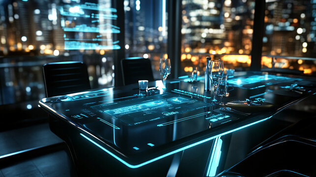 A futuristic dining table with holographic menu displays, arrows representing fast adaptation to customer preferences and data-driven food customization. 