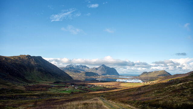 Rural landscape view from The radio mast above Vendalsjord, Lofoten, Lofoten and Vesteral Islands, Nordland, Norway