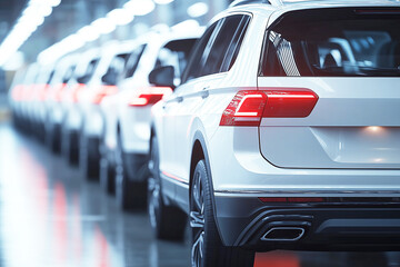 Row of white cars are lined up in a factory. The cars are all the same model and are in the process of being assembled.