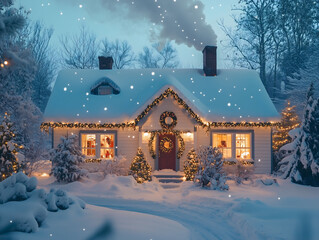 Snowy Christmas House Decorated with Lights