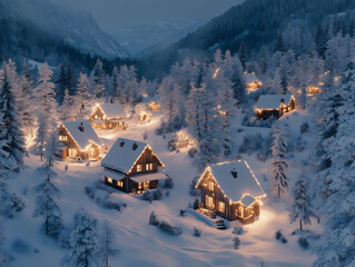 Snow-Covered Winter Village at Dusk