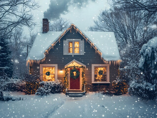 Snowy Christmas House Decorated with Lights