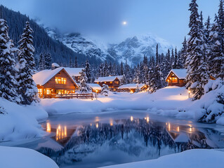 Snow-Covered Winter Village at Dusk