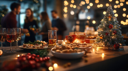 Christmas holiday party with people gathered around a decorated table with festive snacks, drinks, and Christmas tree