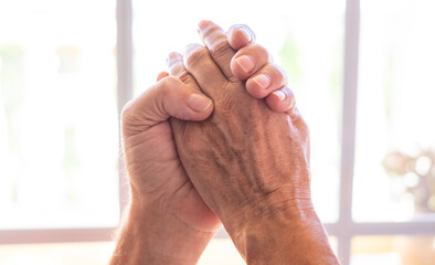 Old people holding hands close up view, senior retired family couple express care as psychological support concept, trust in happy marriage, empathy hope